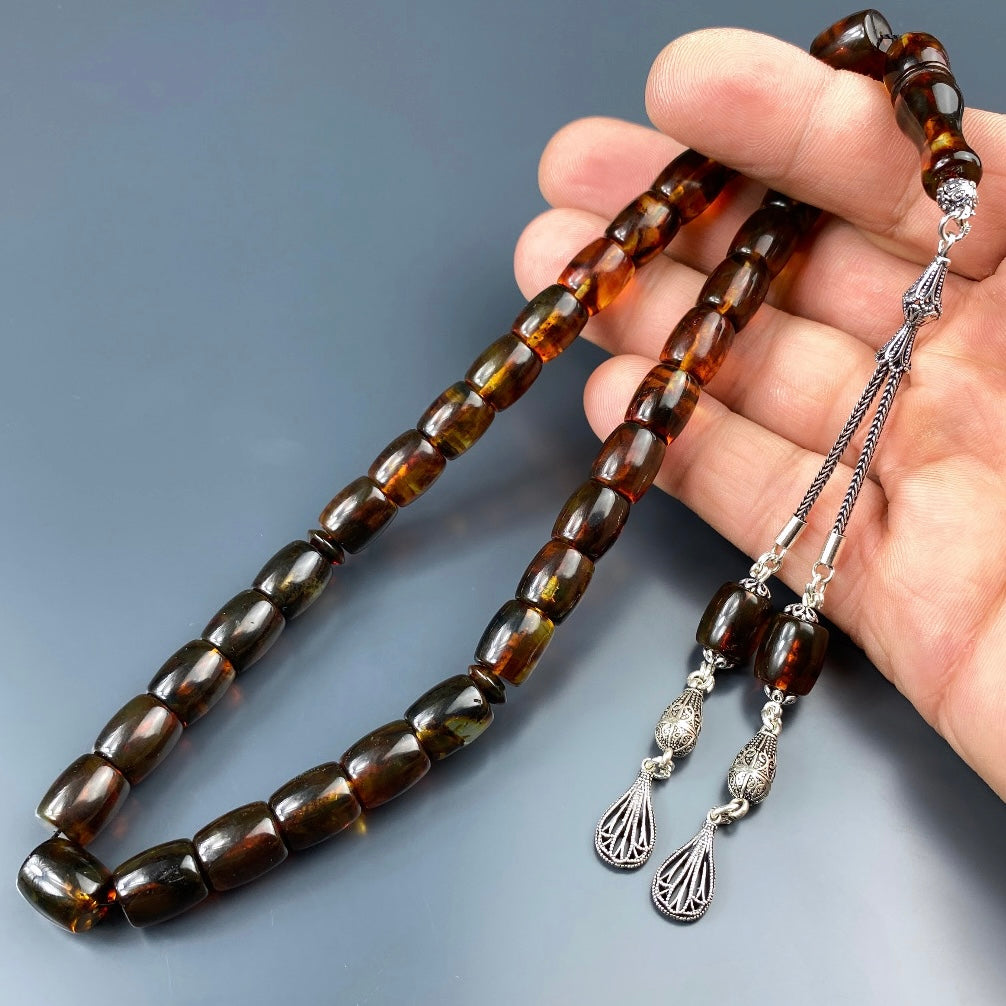 Kehribar Tesbih Basic Logo Braun Büyük Boy 925 Silber