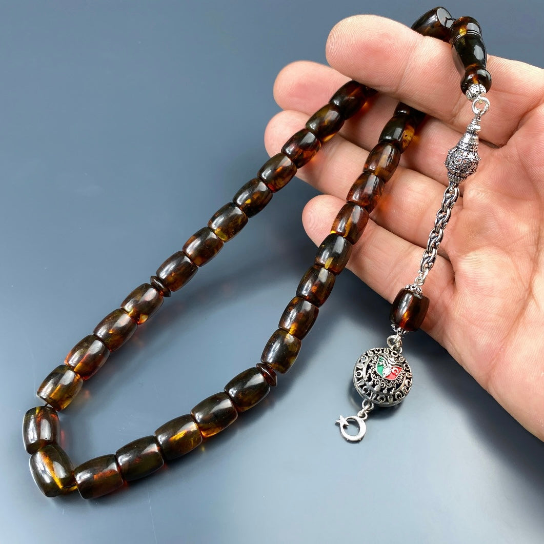 Kehribar Tesbih Osmanli Payitaht Ay Yildiz Logo Braun Büyük Boy 925 Silber