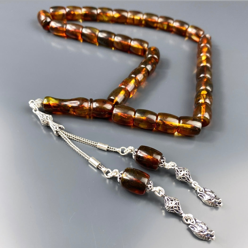 Kehribar Tesbih Kurt Logo Braun Büyük Boy 925 Silber