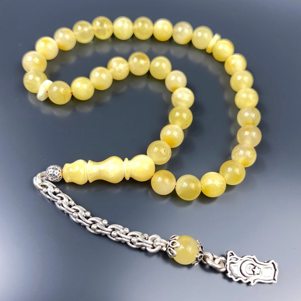 Kehribar Tesbih Mini Gelb 925 Silber Vatan Logo Püskül