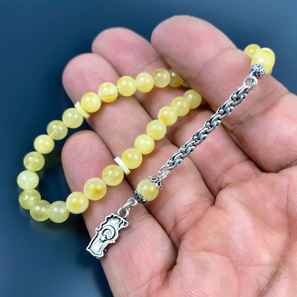 Kehribar Tesbih Mini Gelb 925 Silber Vatan Logo Püskül