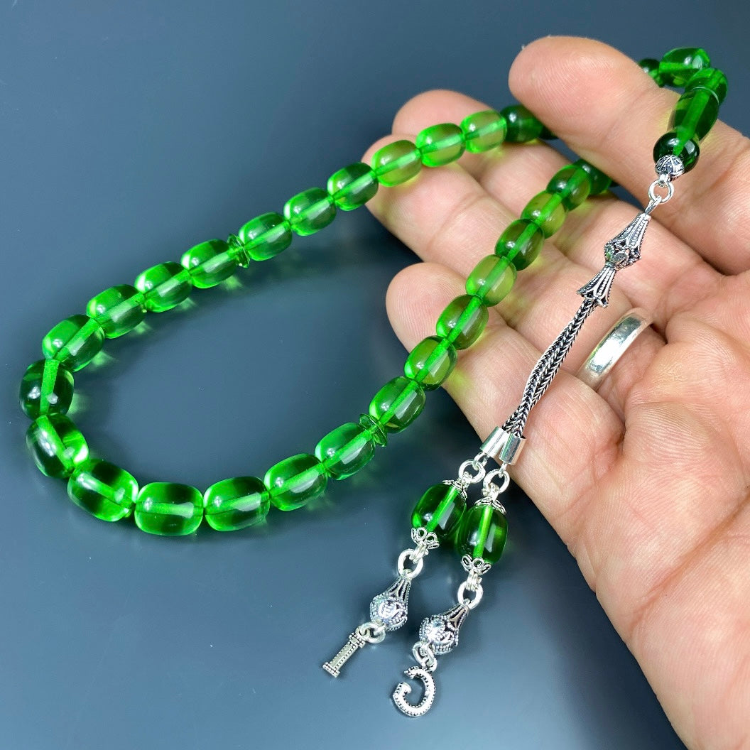 Kehribar Tesbih Grün Kapsül 2 Harf 925 Silver