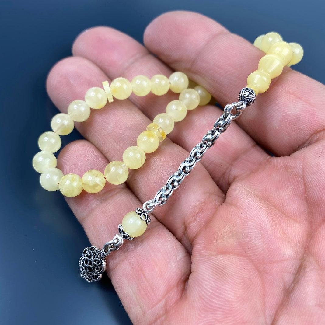 Kehribar Tesbih Mini Gelb 925 Silber Basic Logo Püskül