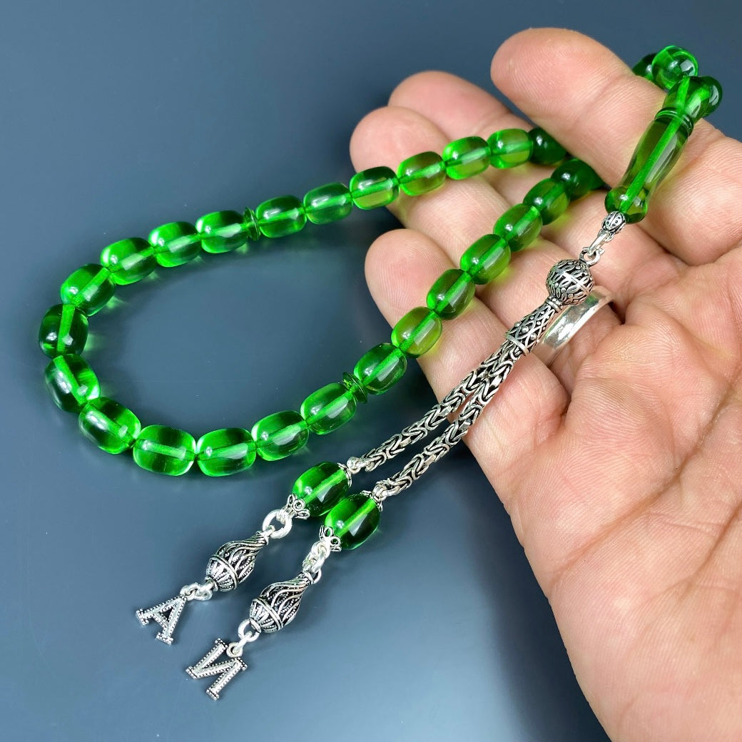 Kehribar Tesbih Grün Kapsül 2 Harf - 925 Silver
