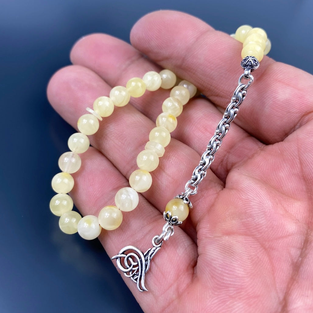 Kehribar Tesbih Mini Gelb 925 Silber Tugra Logo Püskül
