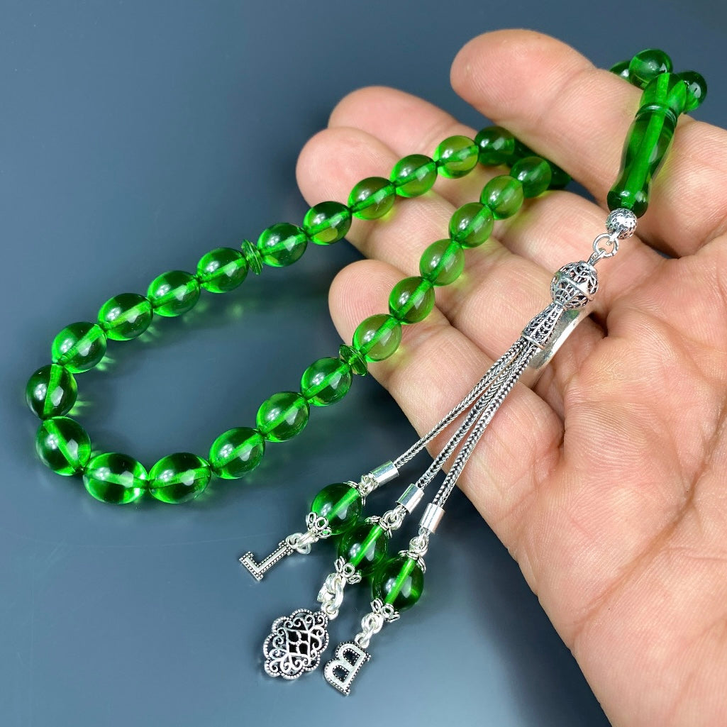 Kehribar Tesbih Grün Kapsül 2 Harf Basic Logo - 925 Silver
