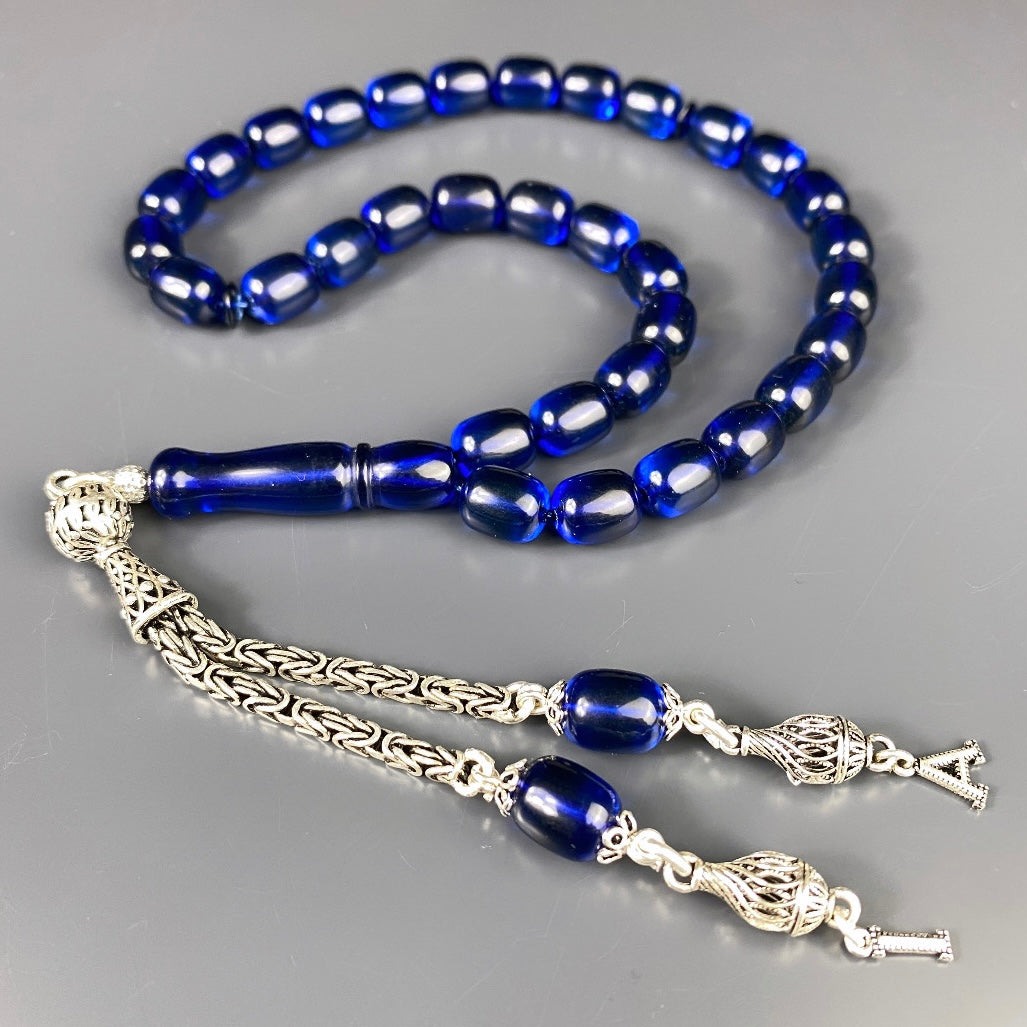 Kehribar Tesbih Blau Kapsül 2 Harf - 925 Silver