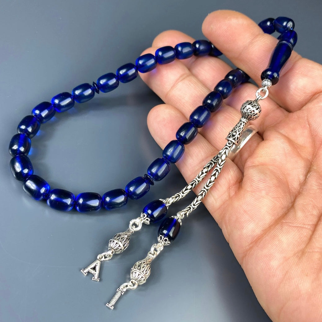 Kehribar Tesbih Blau Kapsül 2 Harf - 925 Silver