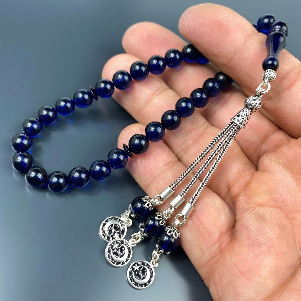 Kehribar Tesbih Blau 925 Silber Ay Yildiz Logo Püskül