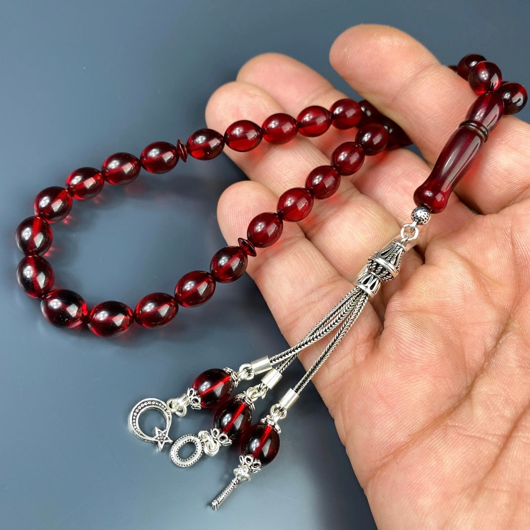 Kehribar Tesbih Rot Beyzi 925 Silber - Harf ve Logo Silber 925