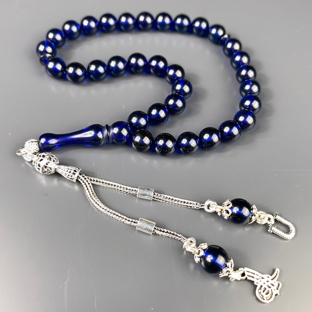 Kehribar Tesbih Blau Küre 925 Silber / Harf-Logo Silber 925