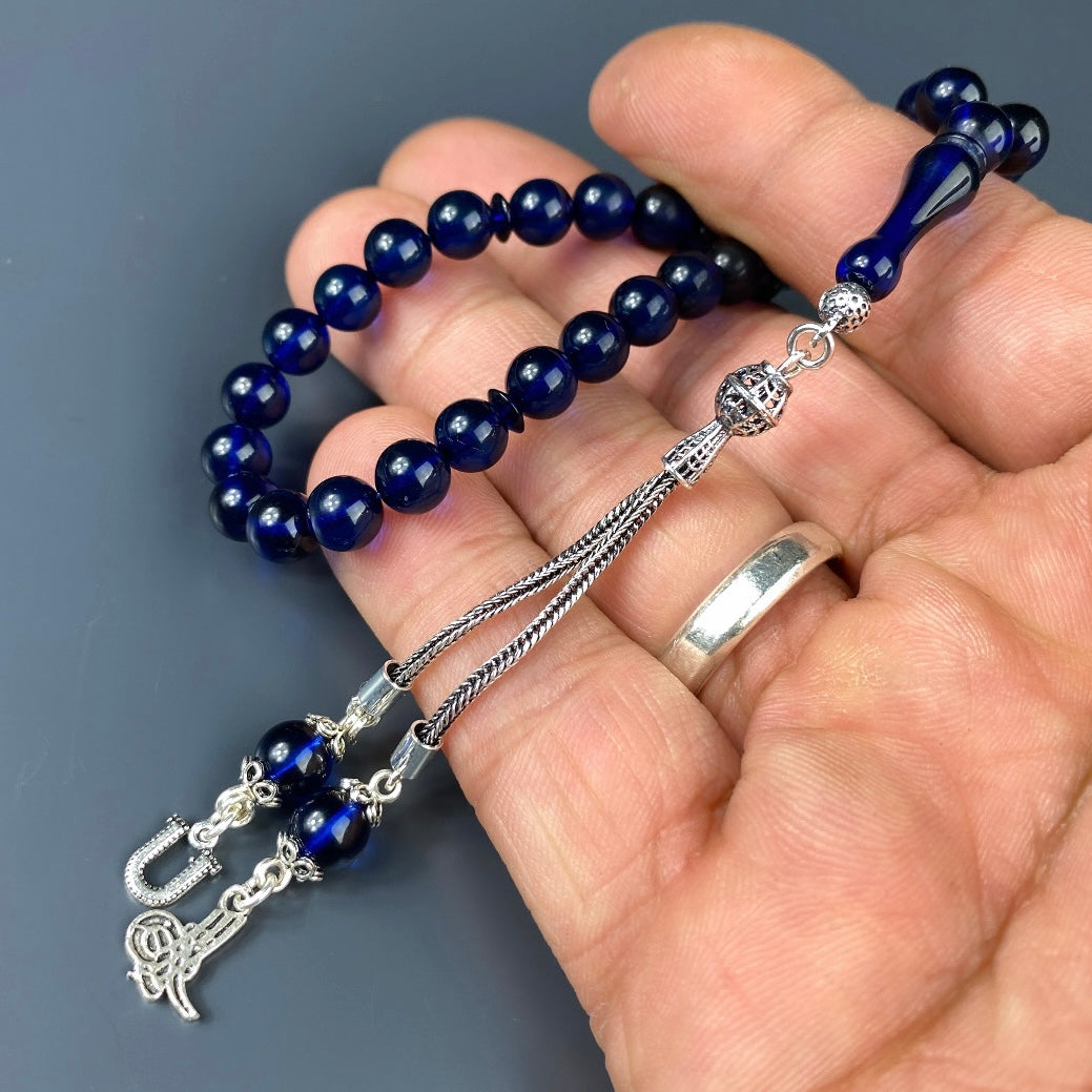 Kehribar Tesbih Blau Küre 925 Silber / Harf-Logo Silber 925