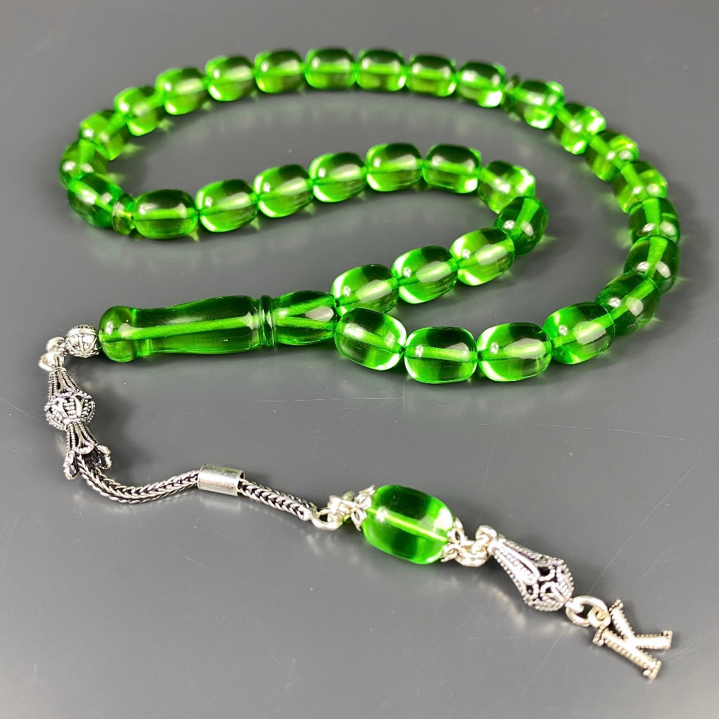 Kehribar Tesbih mit Holzbox Grün Kapsül 925 Silber / 1x Harf Silber 925