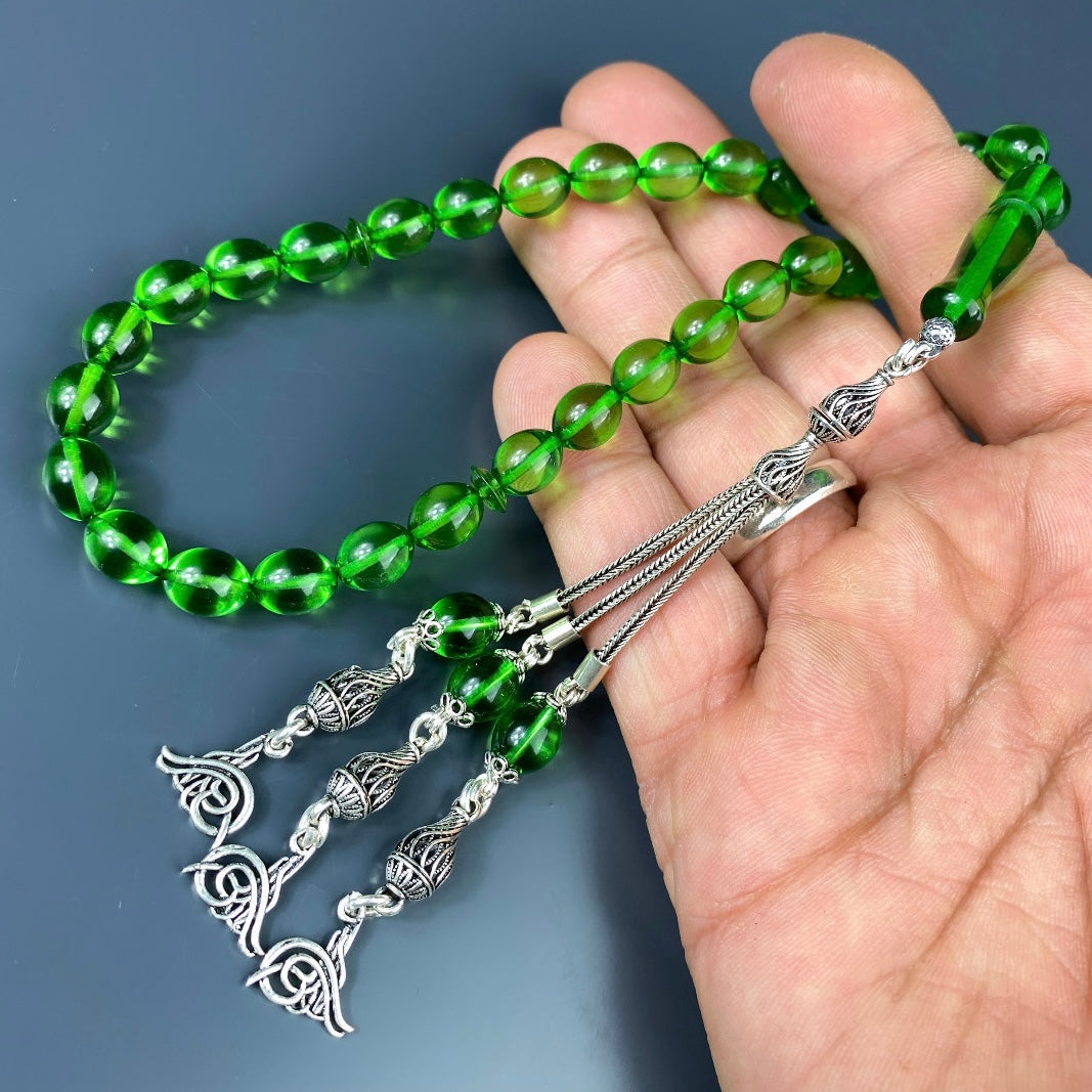 Kehribar Tesbih Grün Beyzi / Tugra Logo Püskül Silber 925