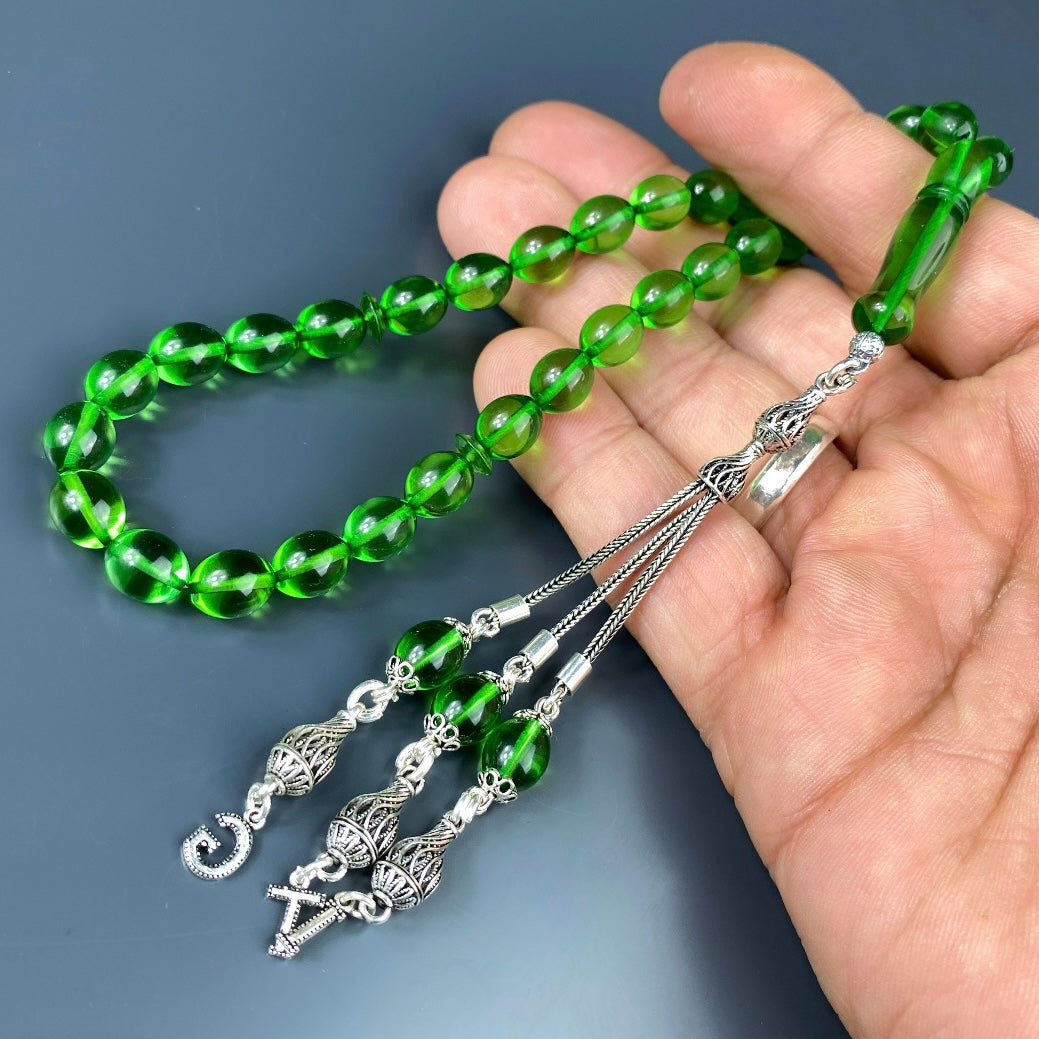 Kehribar Tesbih Grün Kapsül 925 Silber - 3 Harf Silber 925