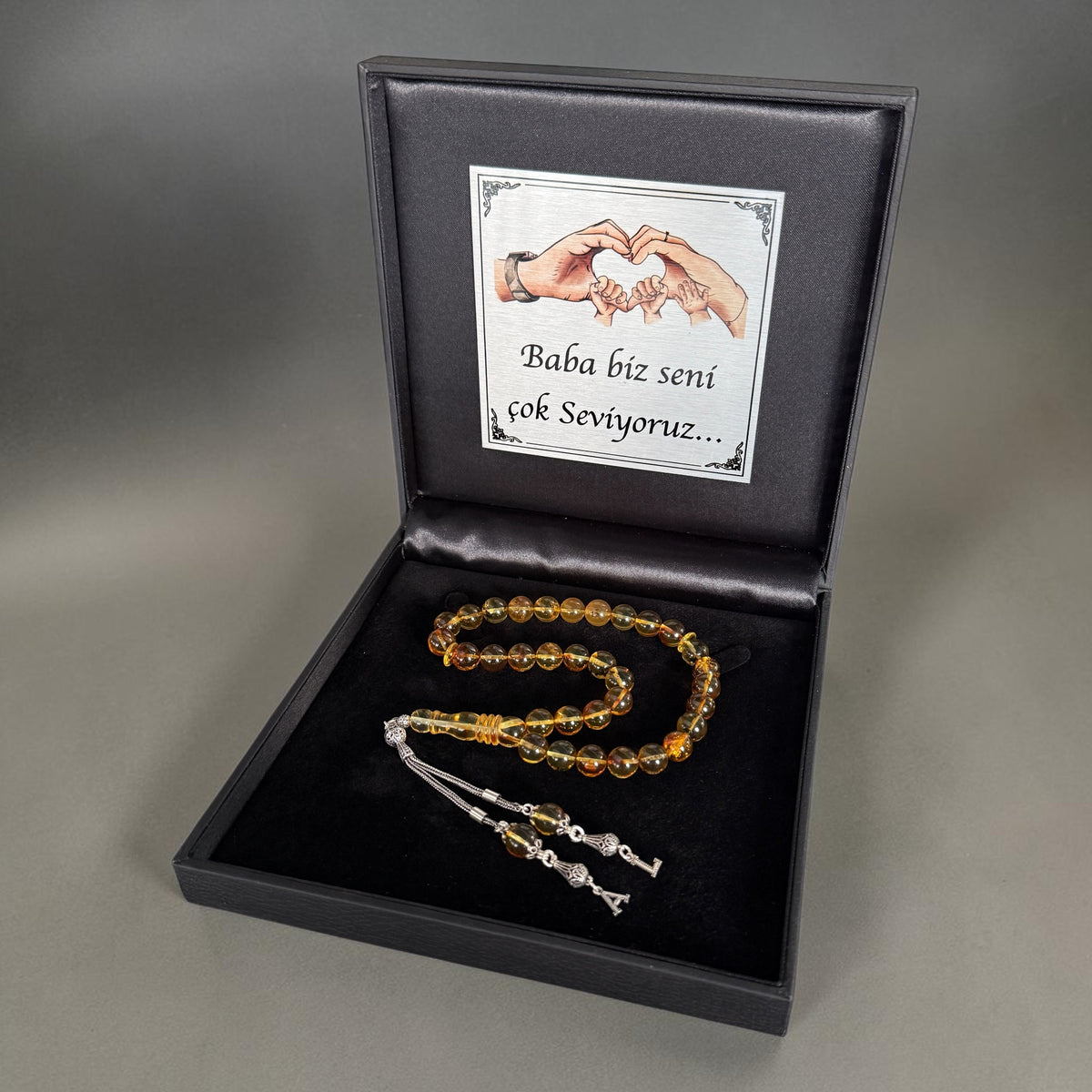 Kehribar Tesbih aus echtem Bernstein mit 925 Silber Anhängern und Geschenkbox