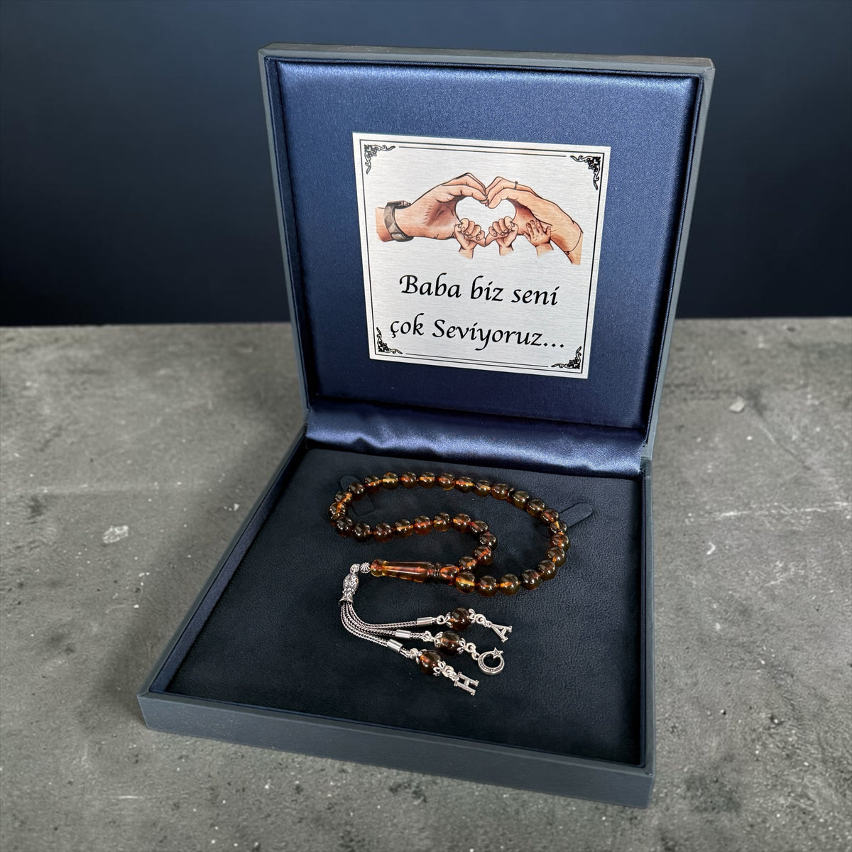 Kehribar Tesbih aus echtem Bernstein mit 925 Silber Anhängern und Geschenkbox
