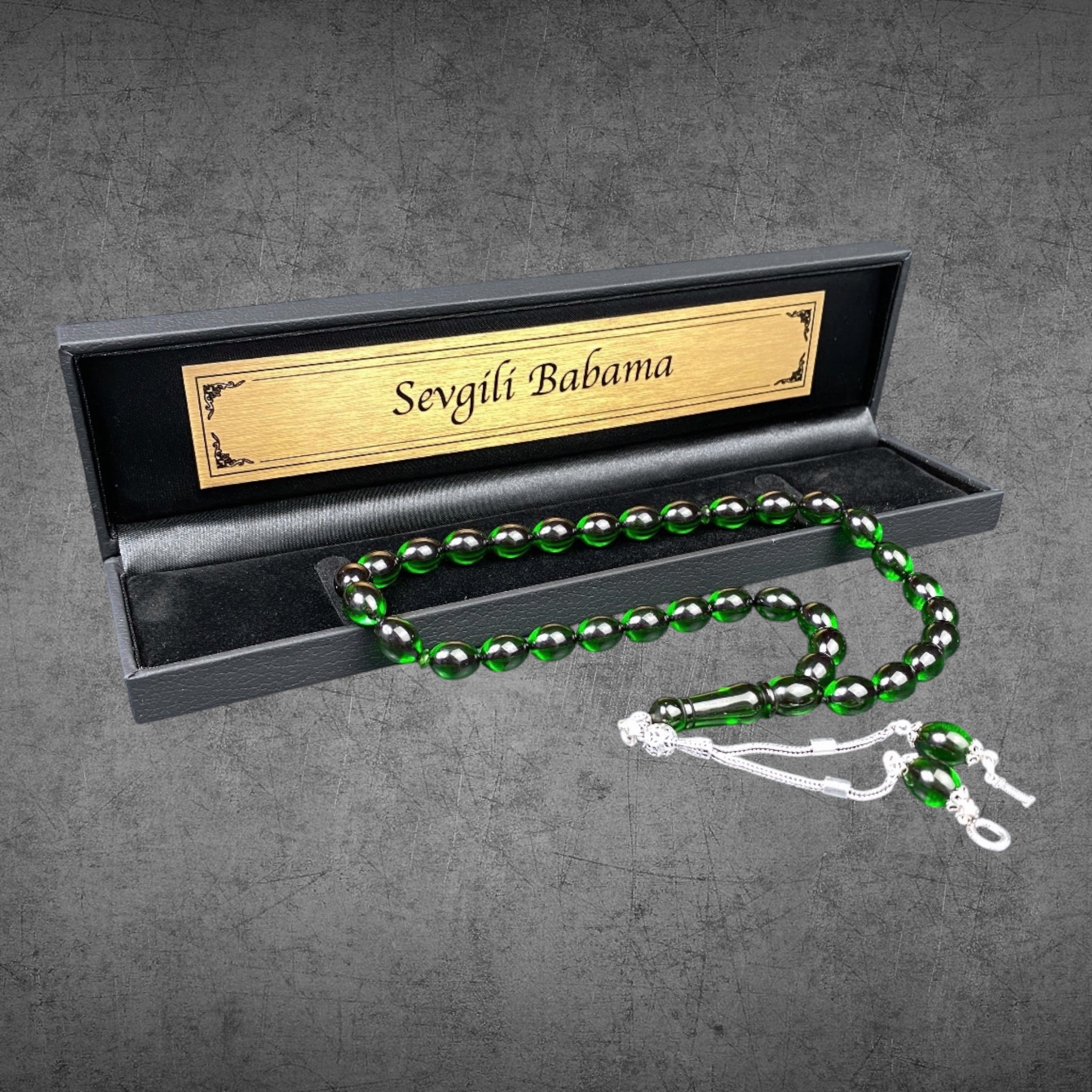 Koyu Yesil Tesbih SIKMA KEHRIBAR Beyzi mit Box - 925 Silber