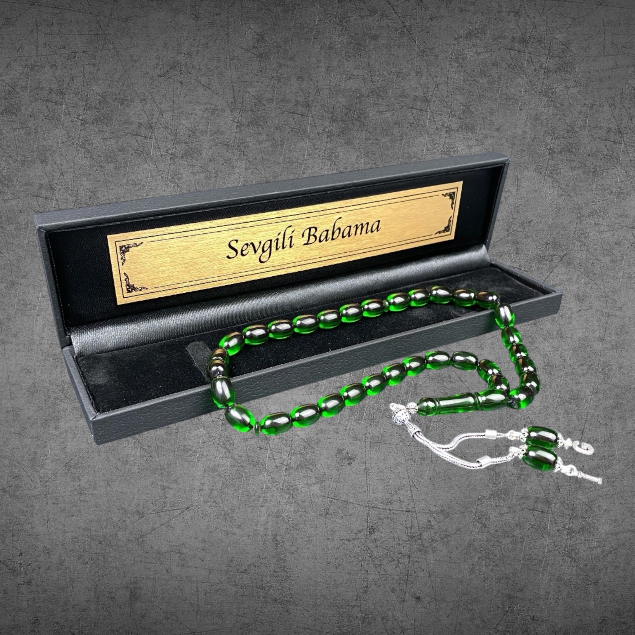 Koyu Yesil Tesbih SIKMA KEHRIBAR Kapsül mit Box - 925 Silber
