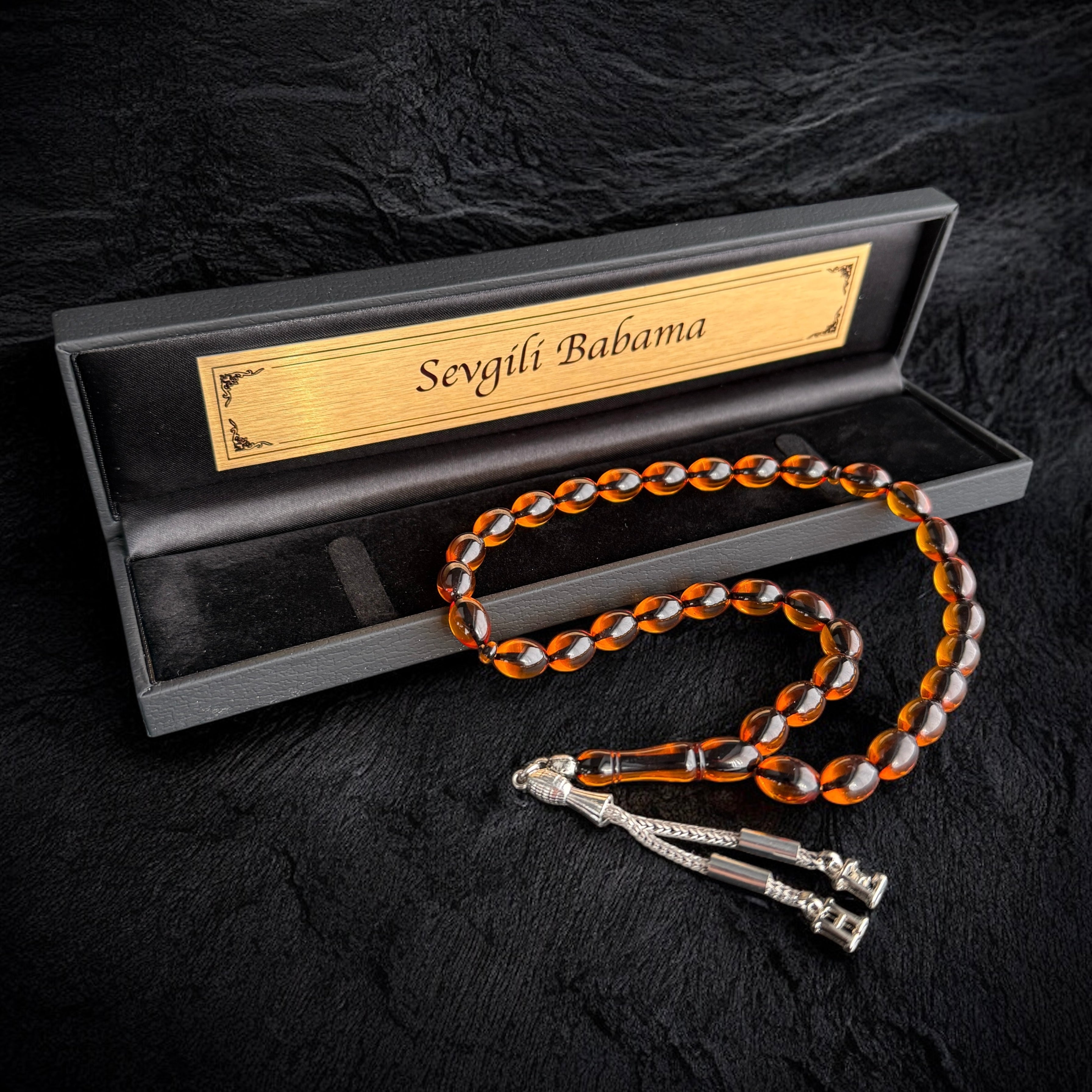 Tesbih Ates SIKMA Kehribar Orange Beyzi mit Wunschtext Box