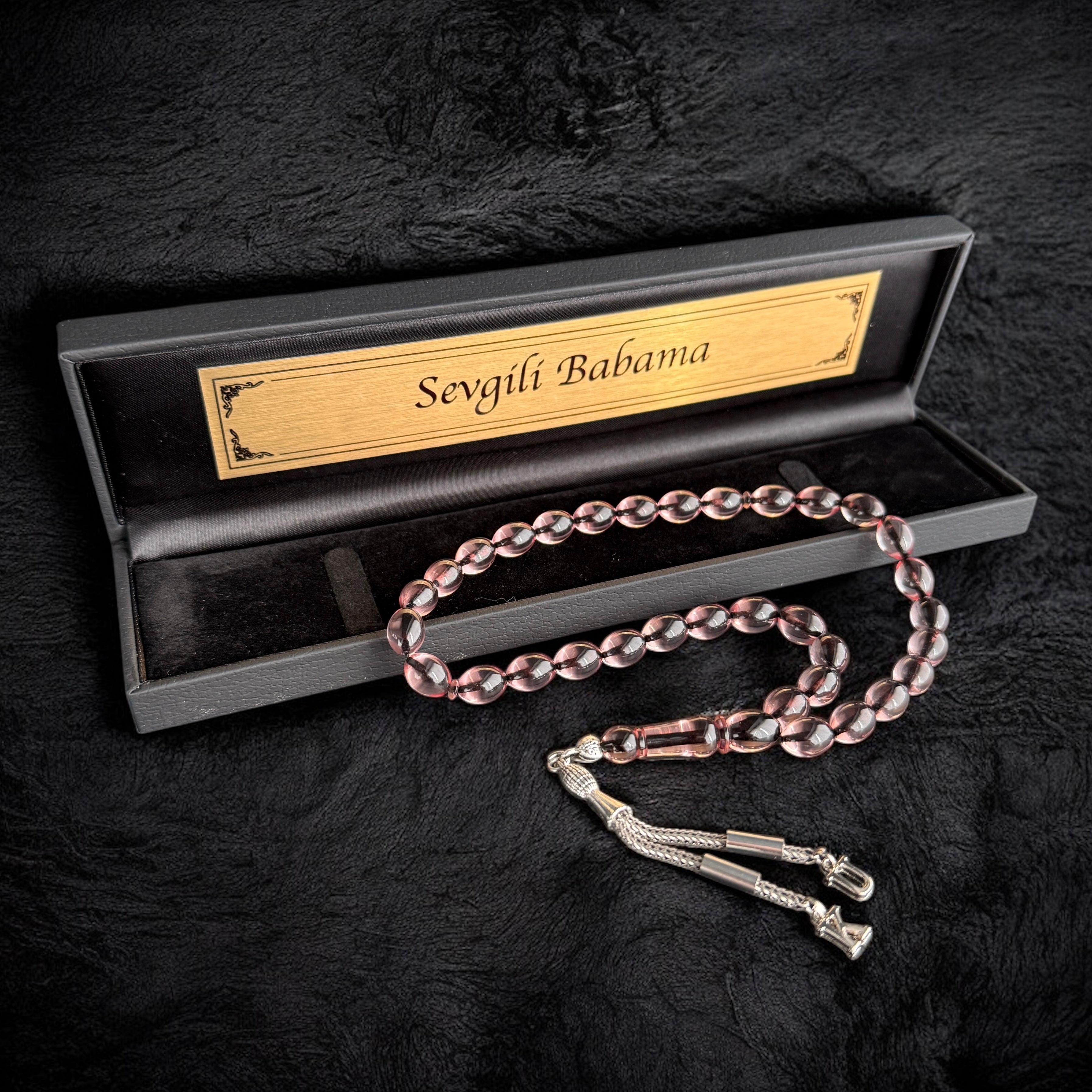 Tesbih Ates SIKMA Kehribar Seffaf Beyzi mit Wunschtext Box