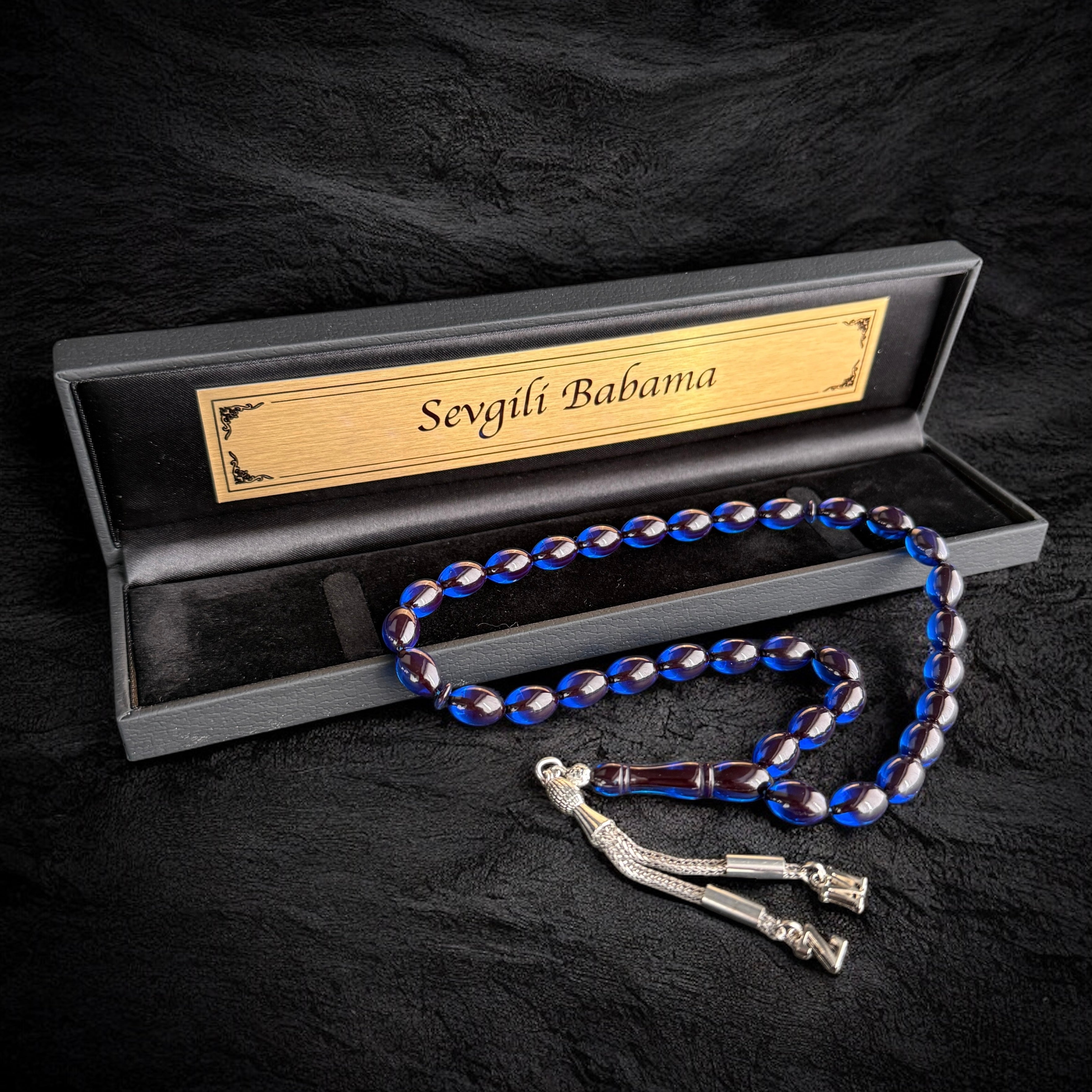 Tesbih Ates SIKMA Kehribar Dunkel Blau Beyzi mit Wunschtext Box