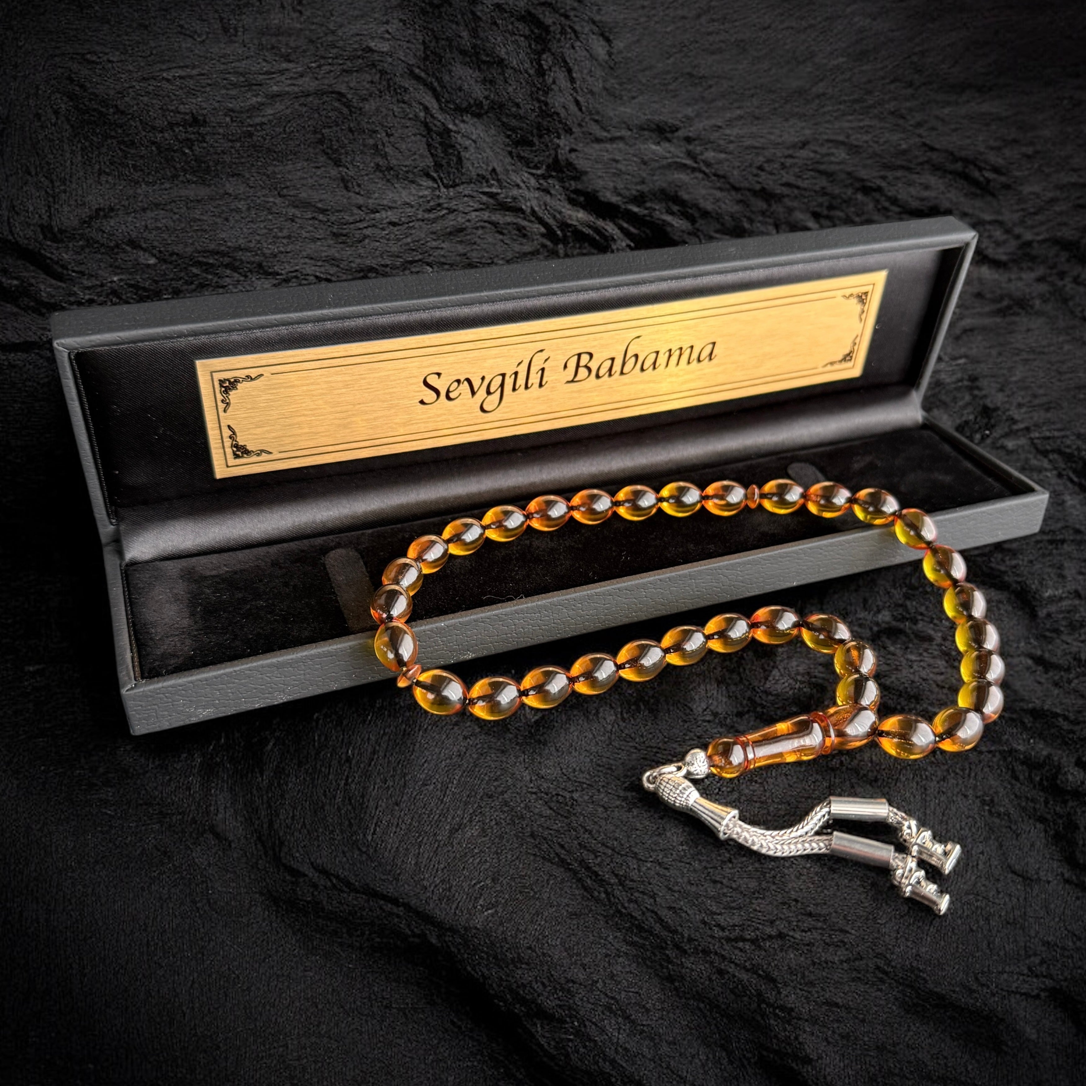 Tesbih Ates SIKMA Kehribar Gelb Beyzi mit Wunschtext Box