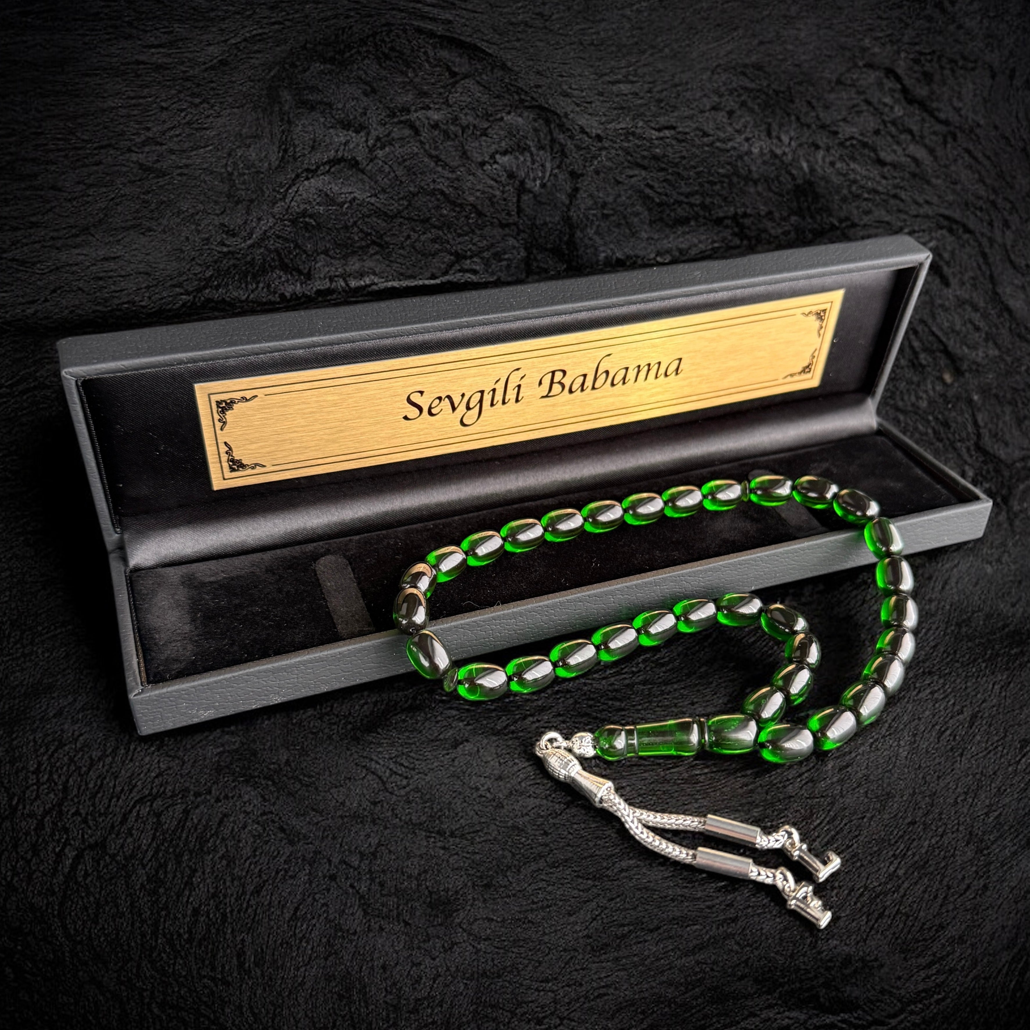 Tesbih Ates SIKMA Kehribar Dunkel Grün Kapsül mit Wunschtext Box