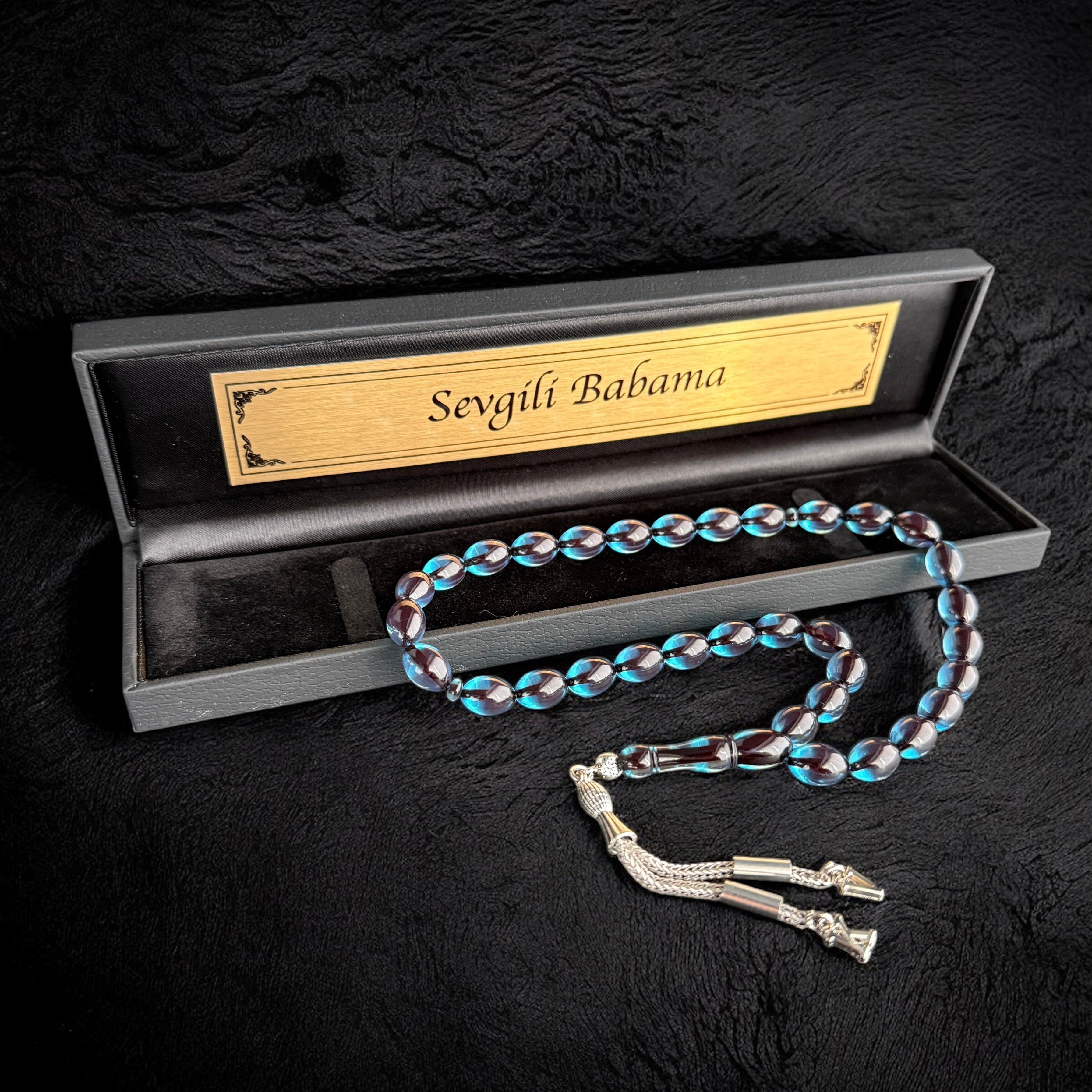 Tesbih Ates SIKMA Kehribar Hell Blau Beyzi mit Wunschtext Box