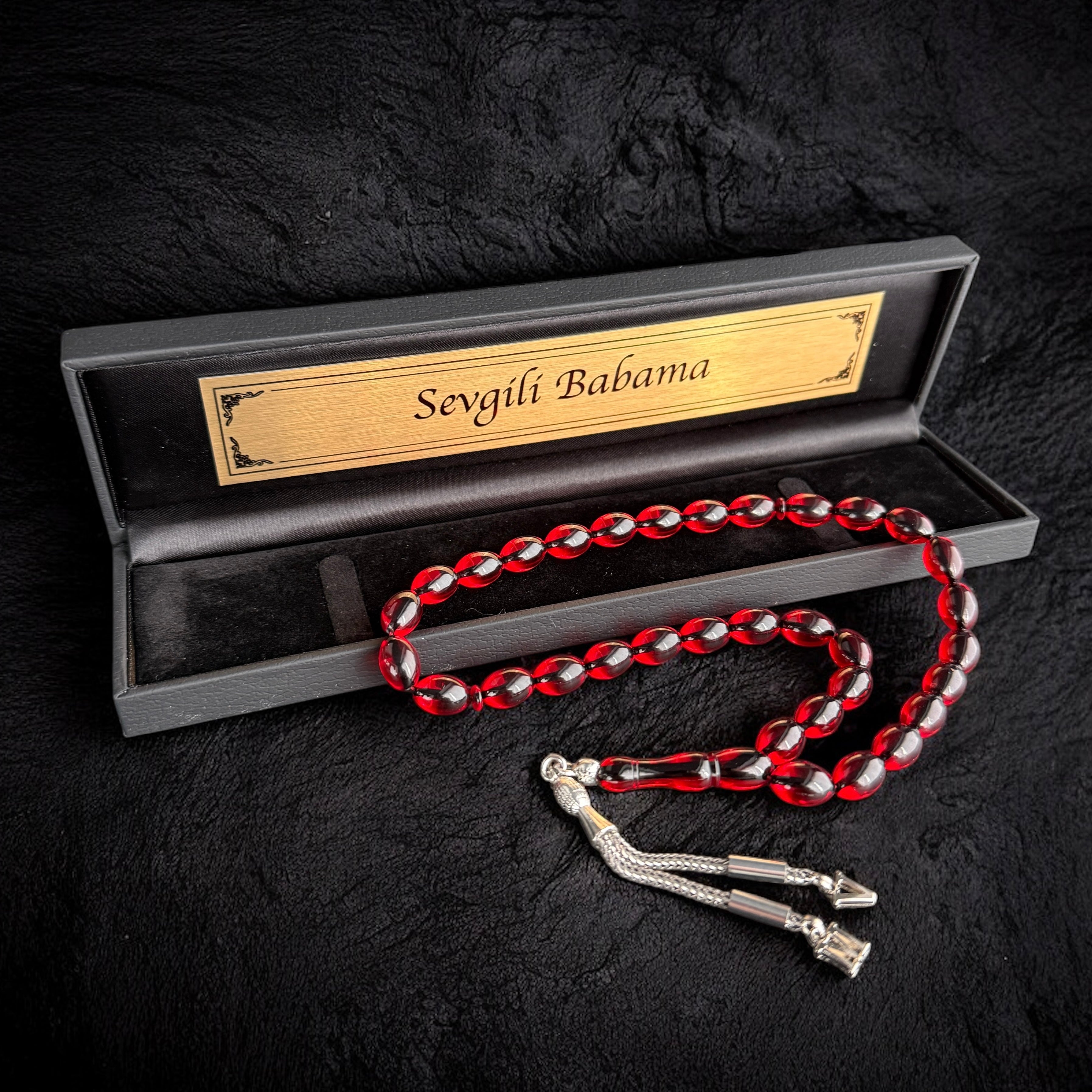 Tesbih Ates SIKMA Kehribar Hell Rot Beyzi mit Wunschtext Box