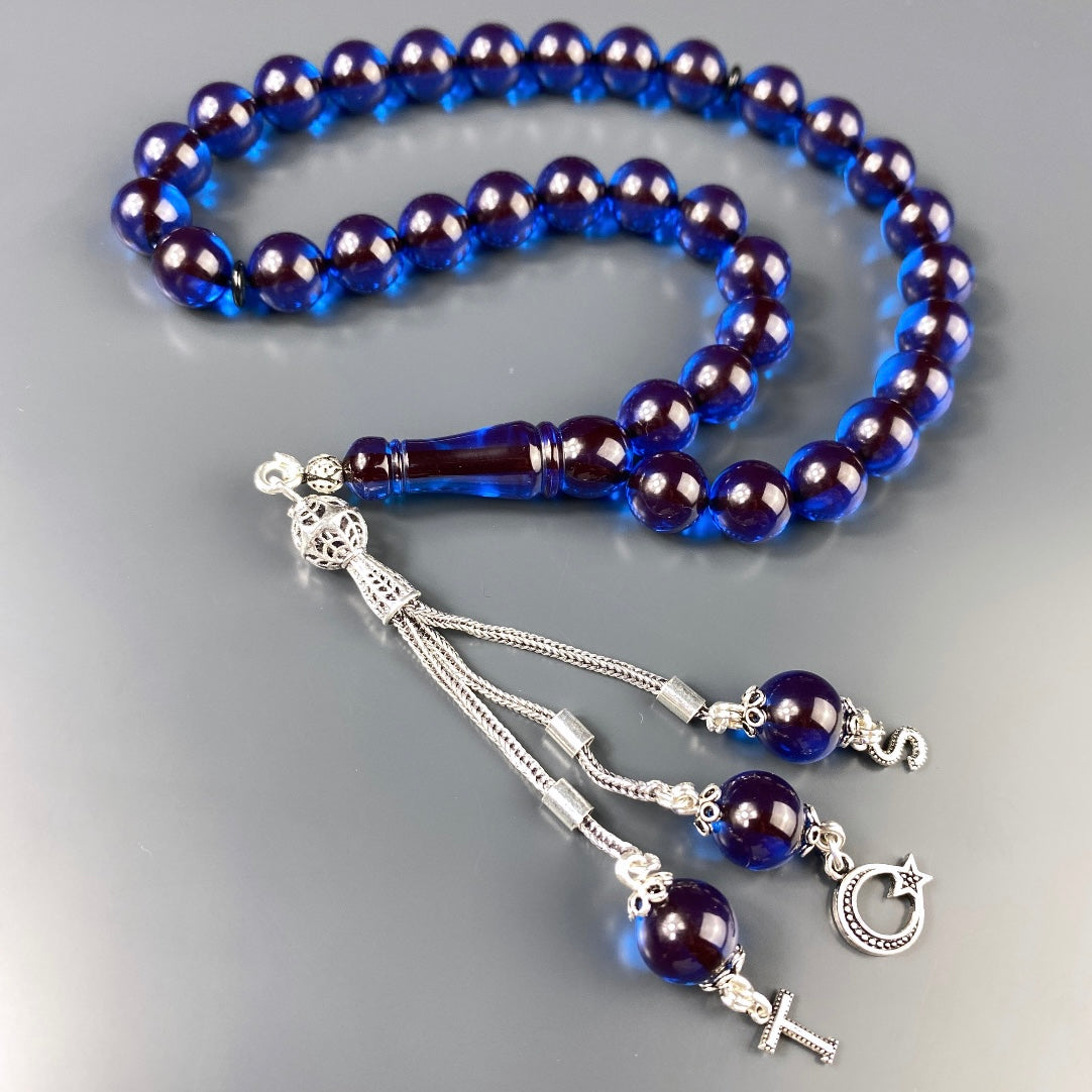 Tesbih Kehribar SIKMA Blau 2 Buchstaben & Logo 925 Silber