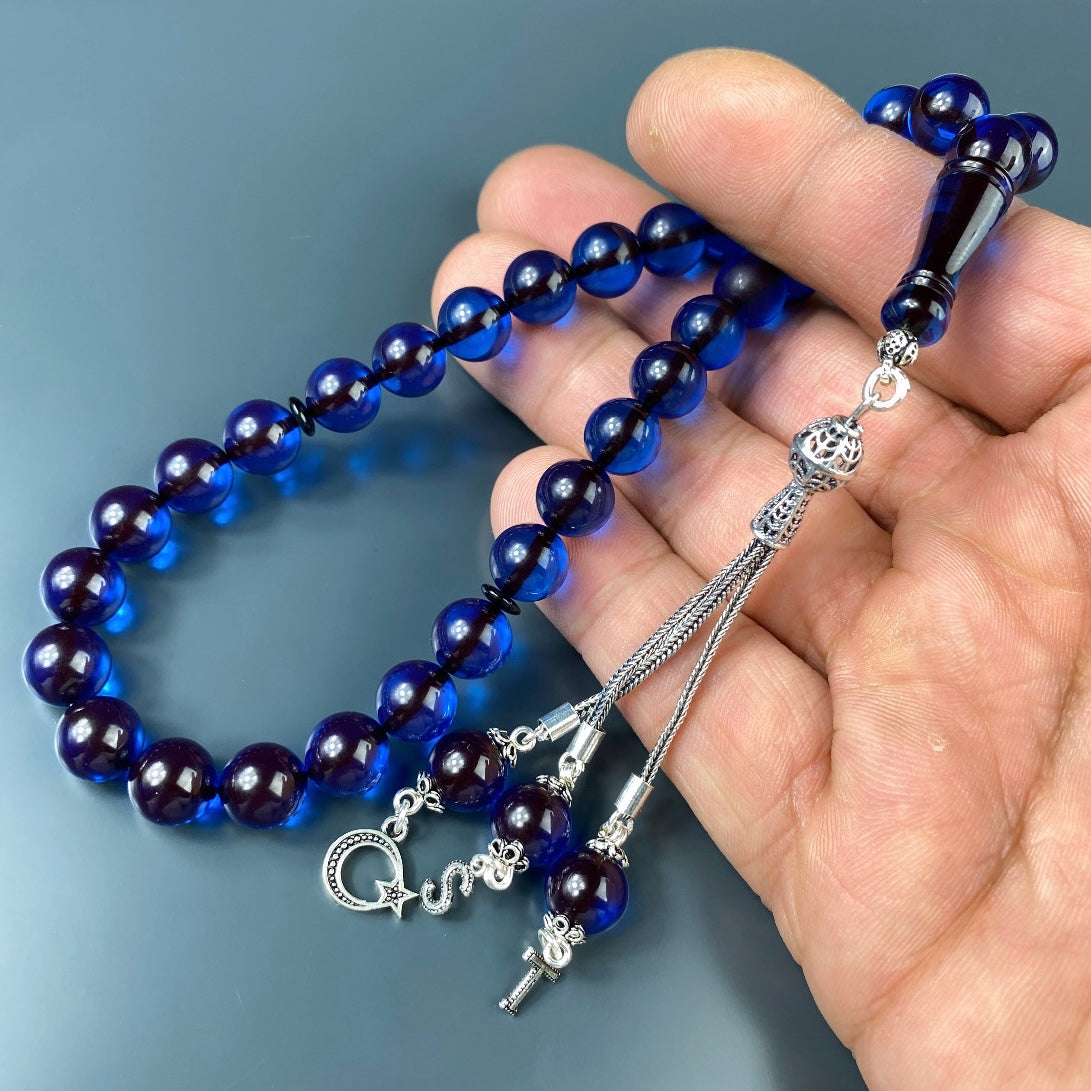 Tesbih Kehribar SIKMA Blau 2 Buchstaben & Logo 925 Silber