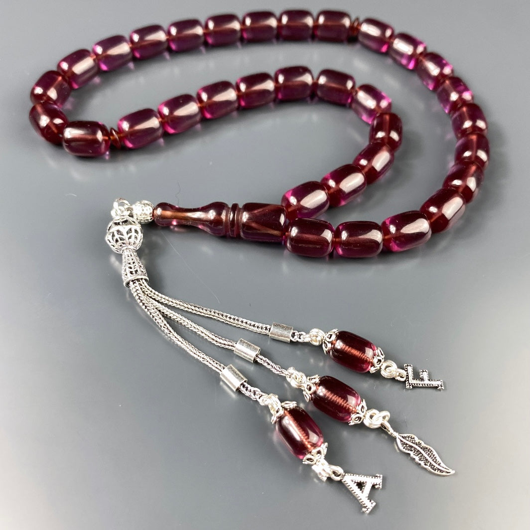 Tesbih Kehribar SIKMA Lila 2 Buchstaben & Logo 925 Silber