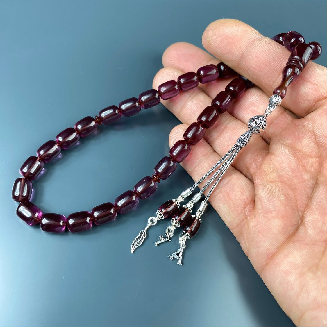 Tesbih Kehribar SIKMA Lila 2 Buchstaben & Logo 925 Silber