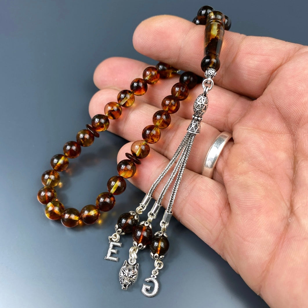 Kehribar Tesbih Braun 925 Silber 2 Harf Kurt Logo