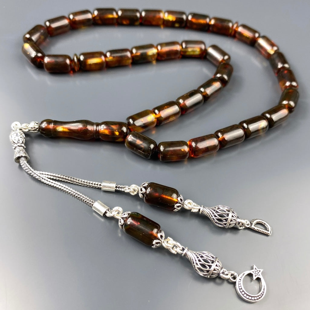 Kehribar Tesbih Braun Kapsül 1 Buchstabe & Logo 925 Silber