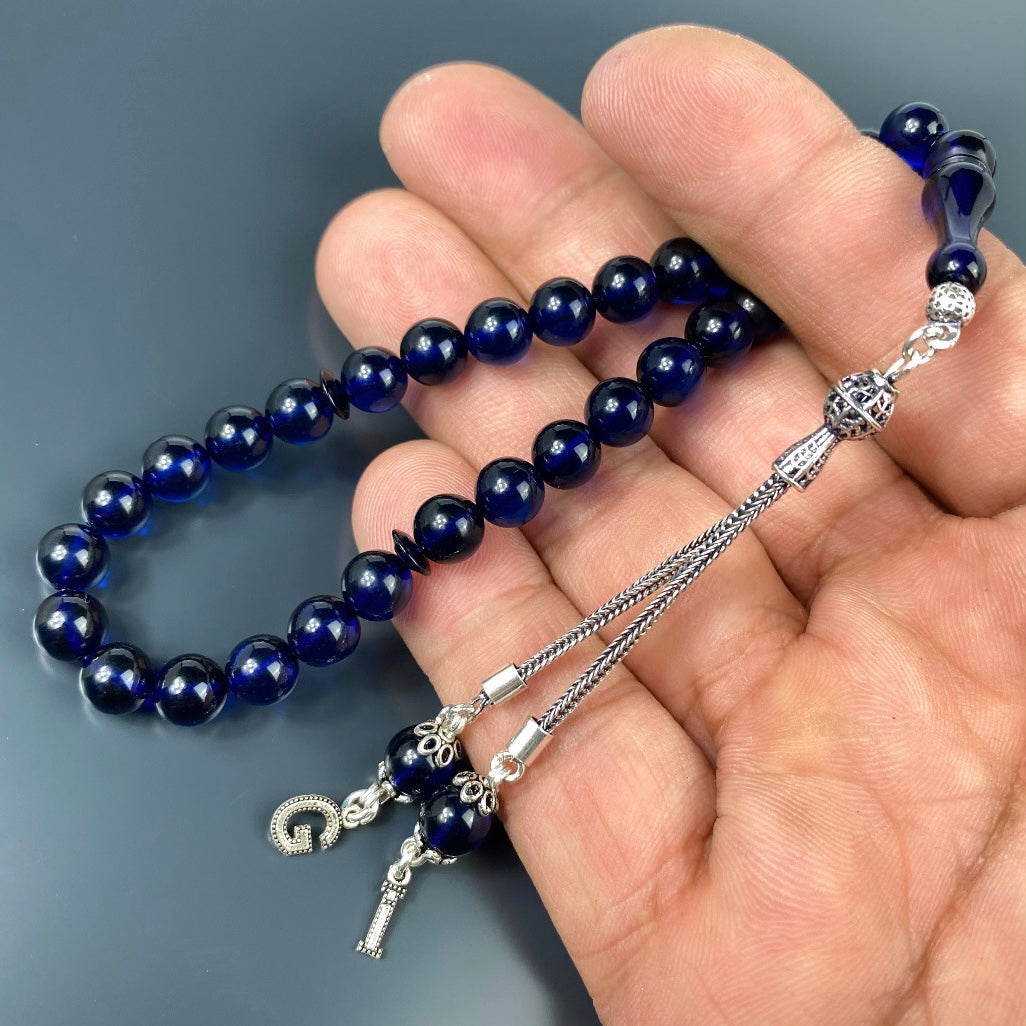 Kehribar Tesbih Blau 925 Silber 2 Buchstaben Püskül