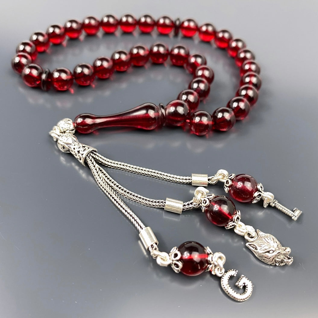 Kehribar Tesbih Rot 925 Silber Kurt Logo & 2 Buchstaben Püskül