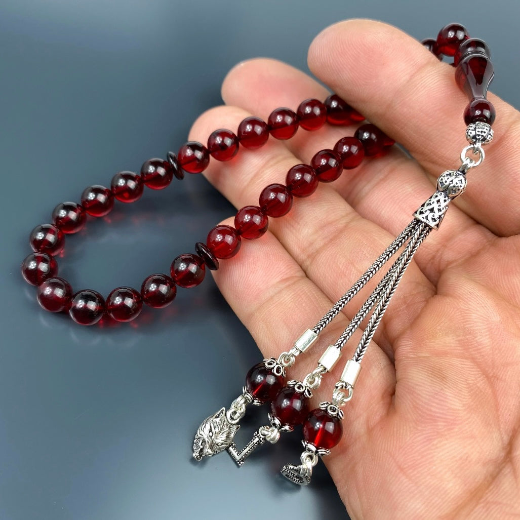 Kehribar Tesbih Rot 925 Silber Kurt Logo & 2 Buchstaben Püskül