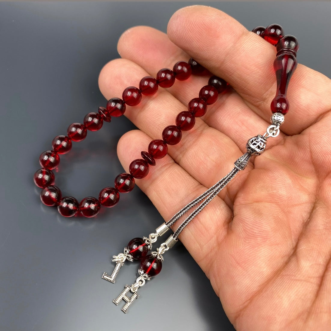 Kehribar Tesbih Rot 925 Silber 2 Buchstaben Püskül