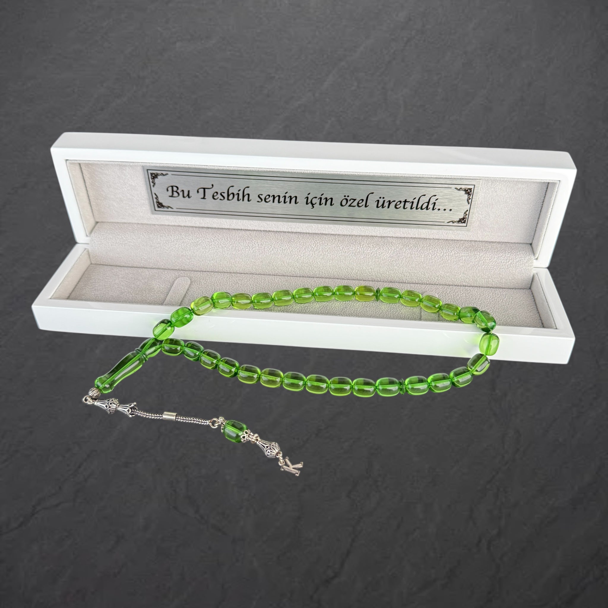 Kehribar Tesbih mit Holzbox Grün Kapsül 925 Silber / 1x Harf Silber 925