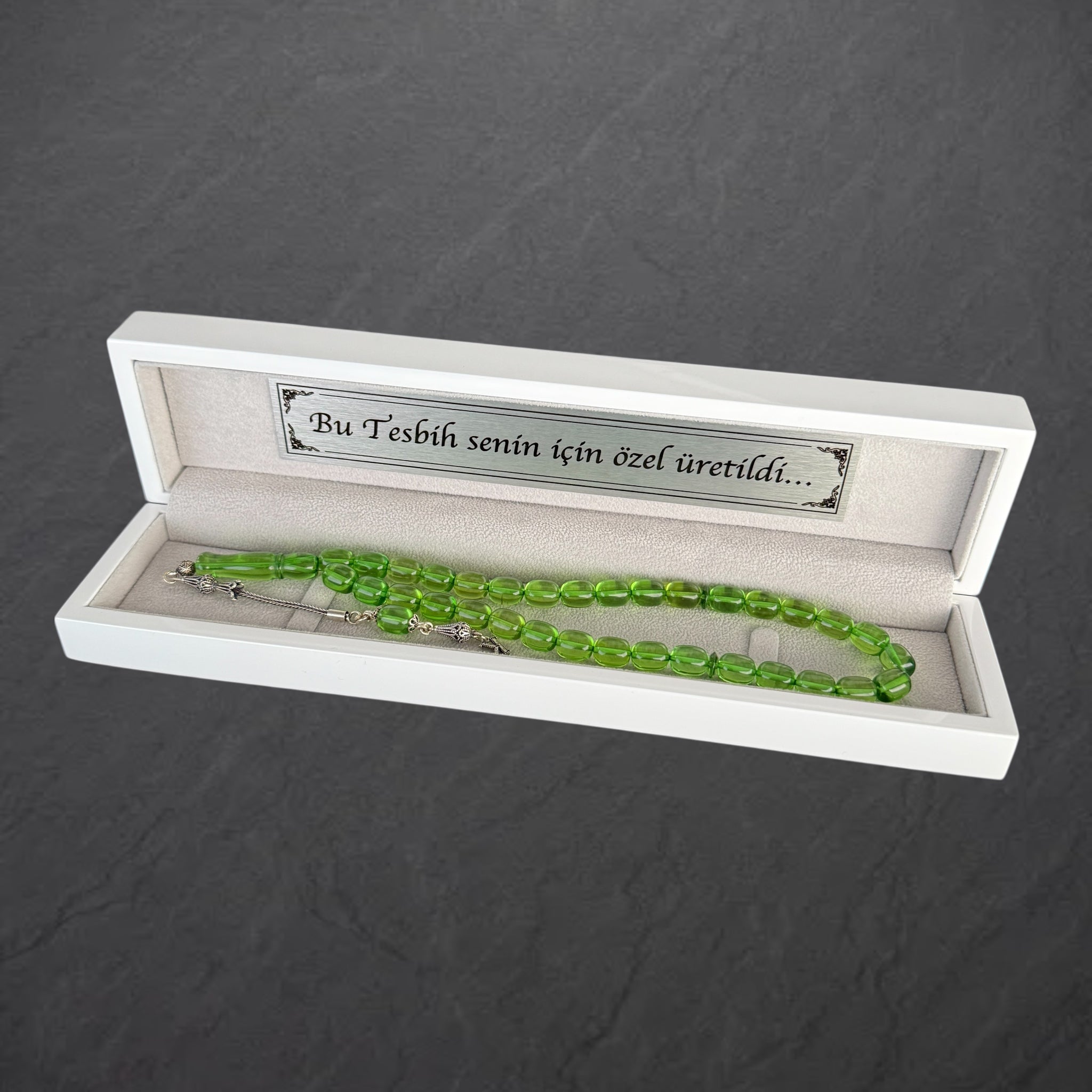Kehribar Tesbih mit Holzbox Grün Kapsül 925 Silber / 1x Harf Silber 925