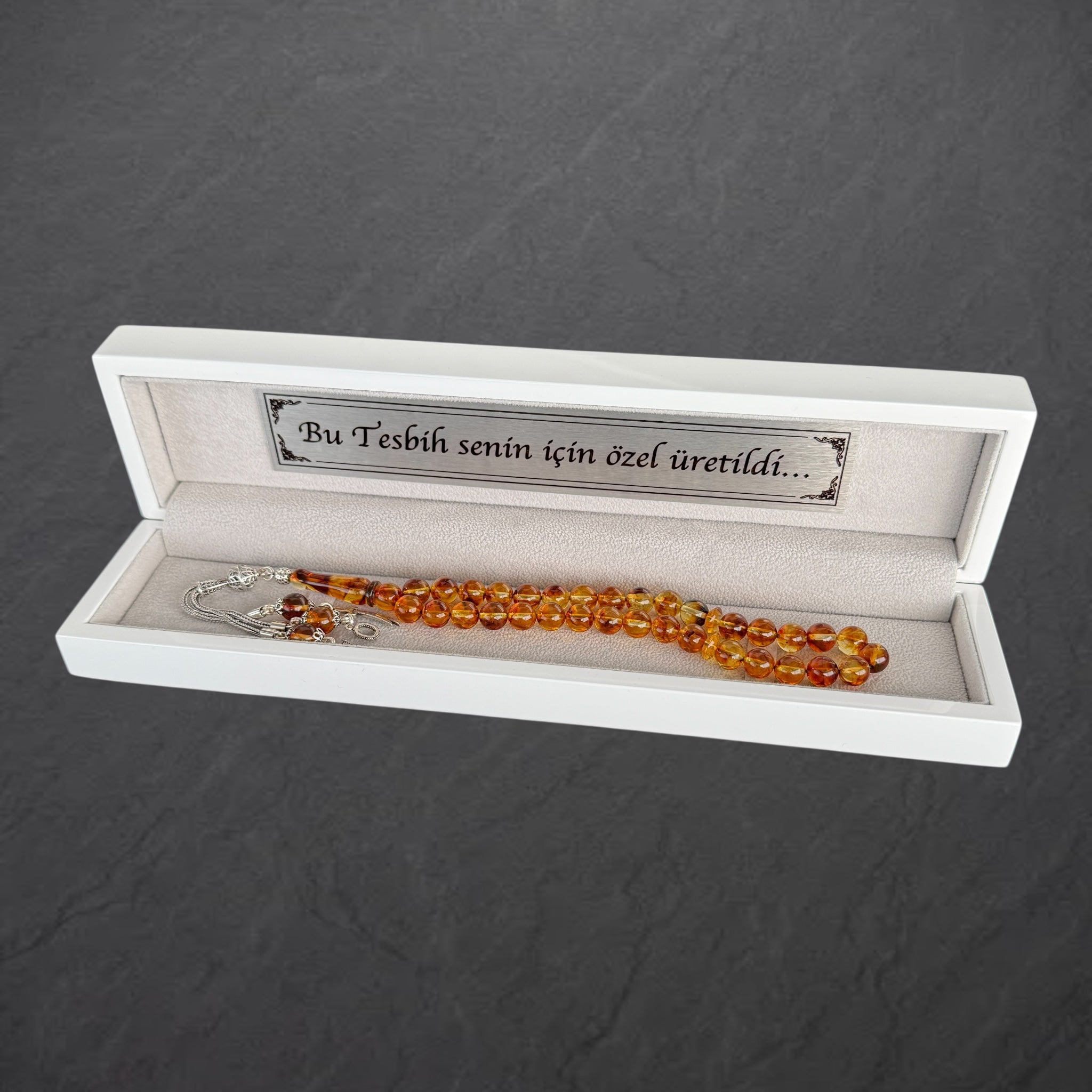 Kehribar Tesbih 2 Buchstaben Zülfikar Logo 925 Silber Püskül mit Holzbox