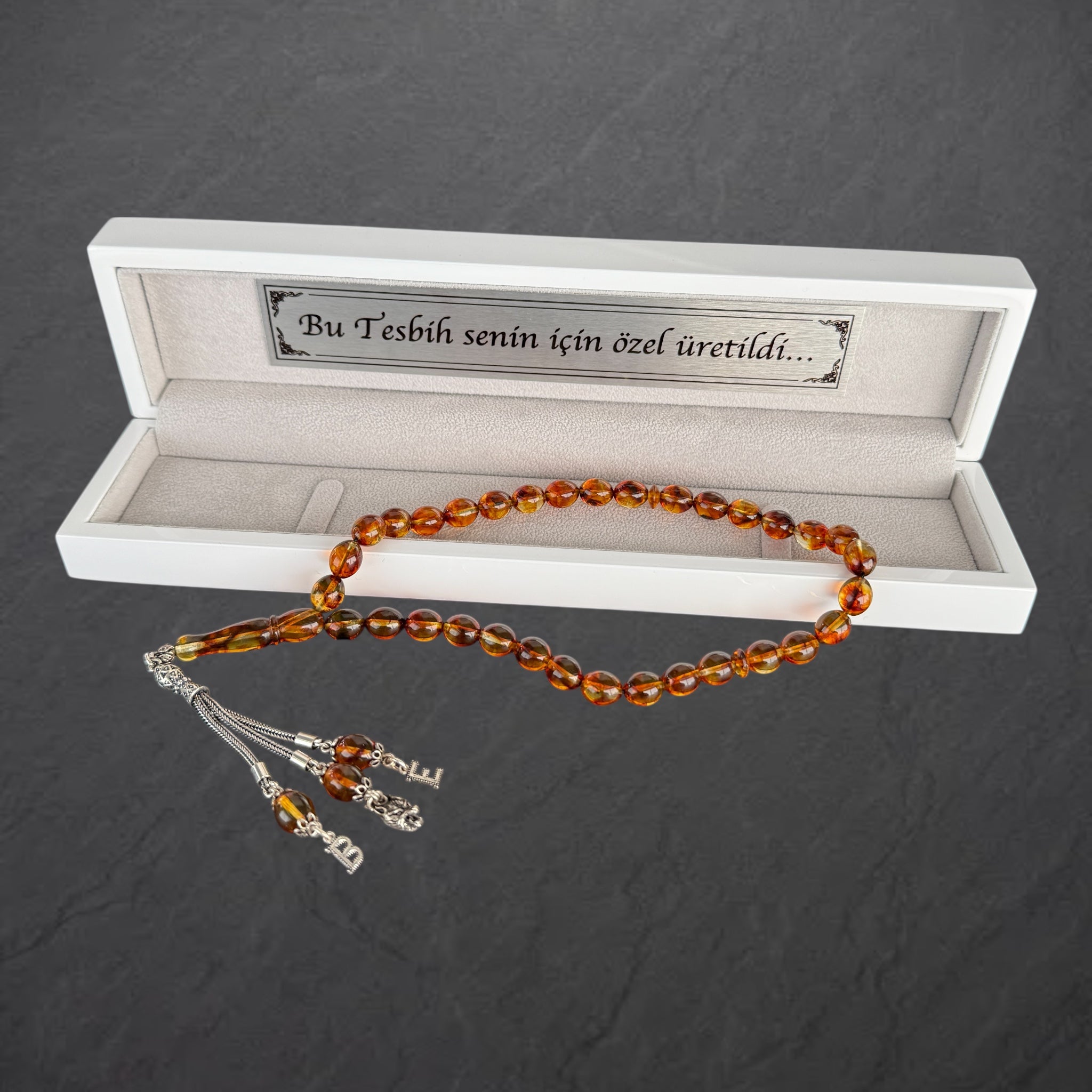 Kehribar Tesbih Braun Wolf Logo & 2 Buchstaben 925 Silber mit Holzbox