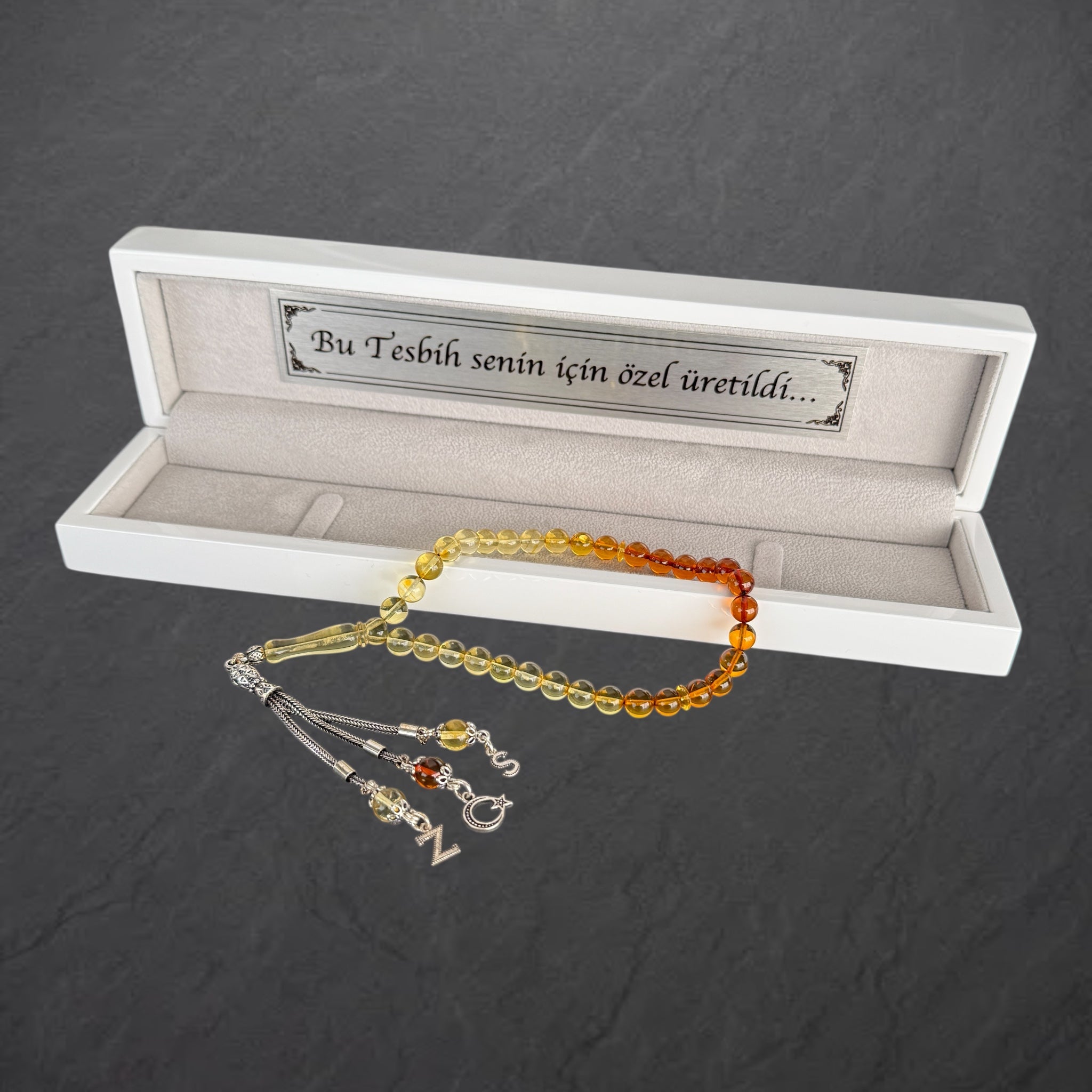 Kehribar Tesbih Renk Süzme 2 Buchstaben - Logo 925 Silber Püskül mit Holzbox