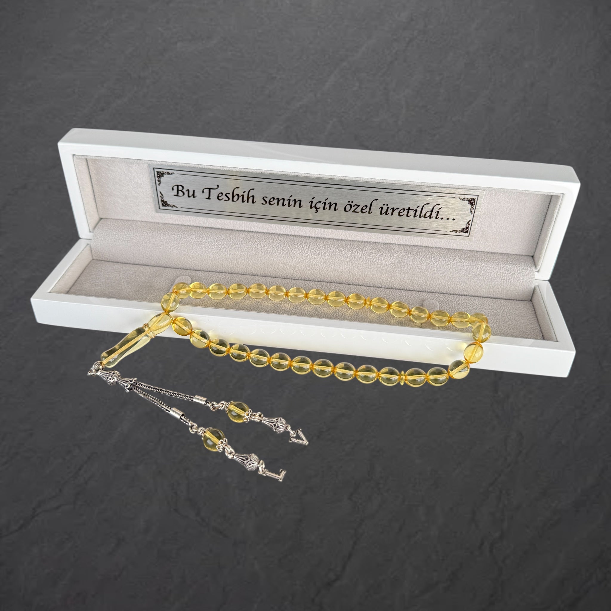 Kehribar Tesbih Gelb Beyzi 2 Harf - 925 Silber mit Holzbox