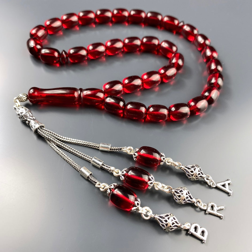 Kehribar Tesbih Rot Original mit 3 Buchstaben 925 Silber Holzbox