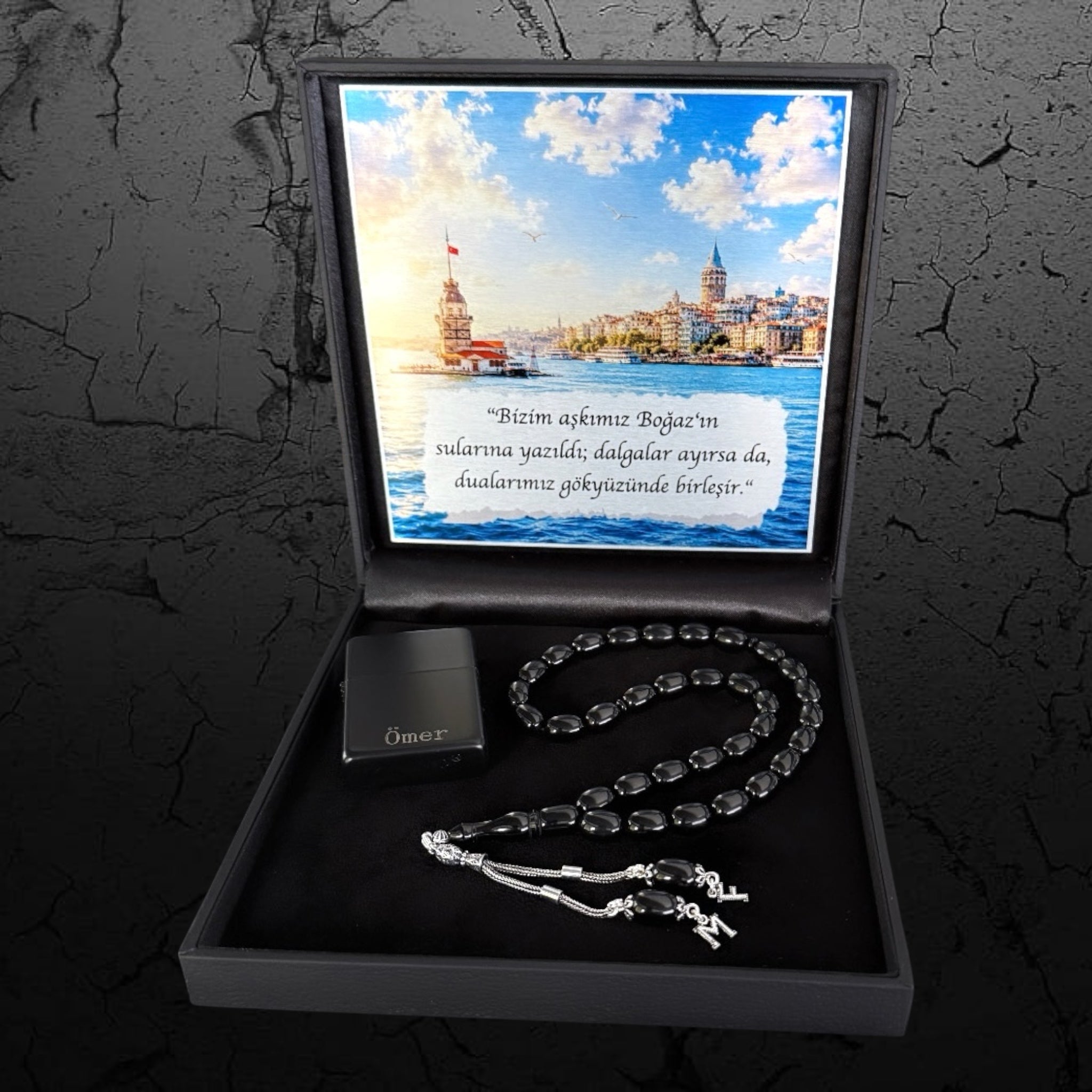 SIKMA KEHRIBAR Tesbih Siyah Kapsül 925 Silber ISTANBUL mit 2 Buchstaben und Feuerzeug