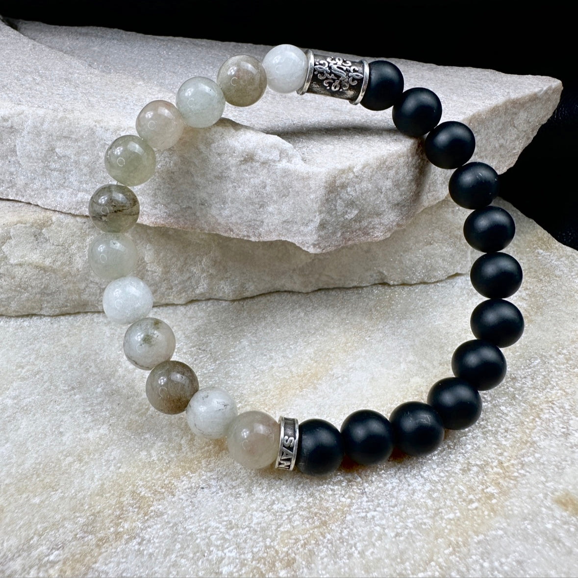 Naturstein Perlen Armband mit 925 Silber No.16