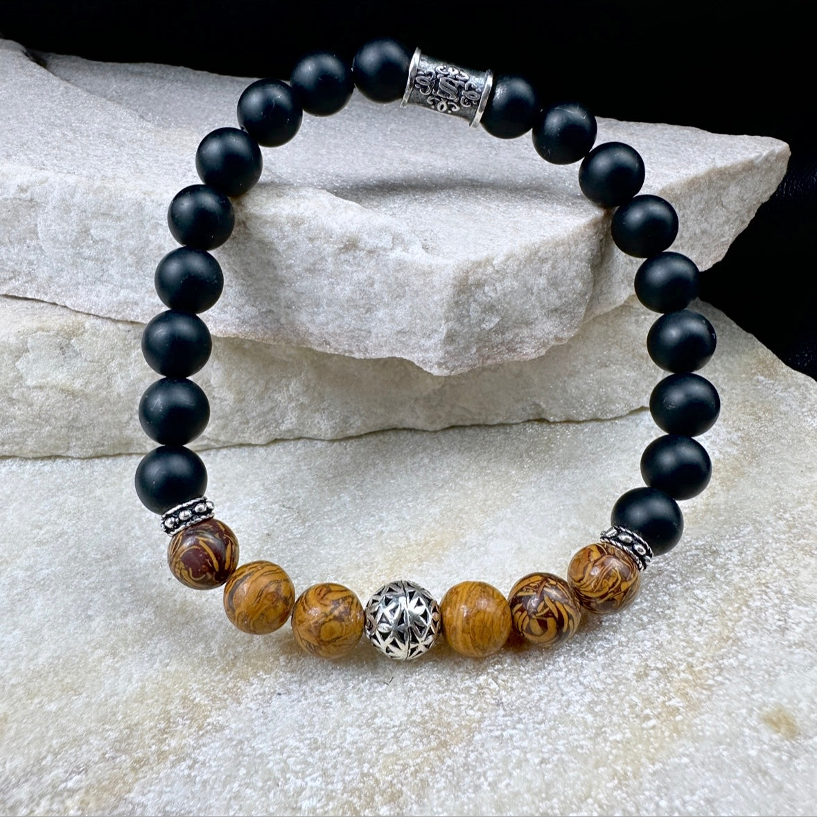 Naturstein Perlen Armband mit 925 Silber No.17